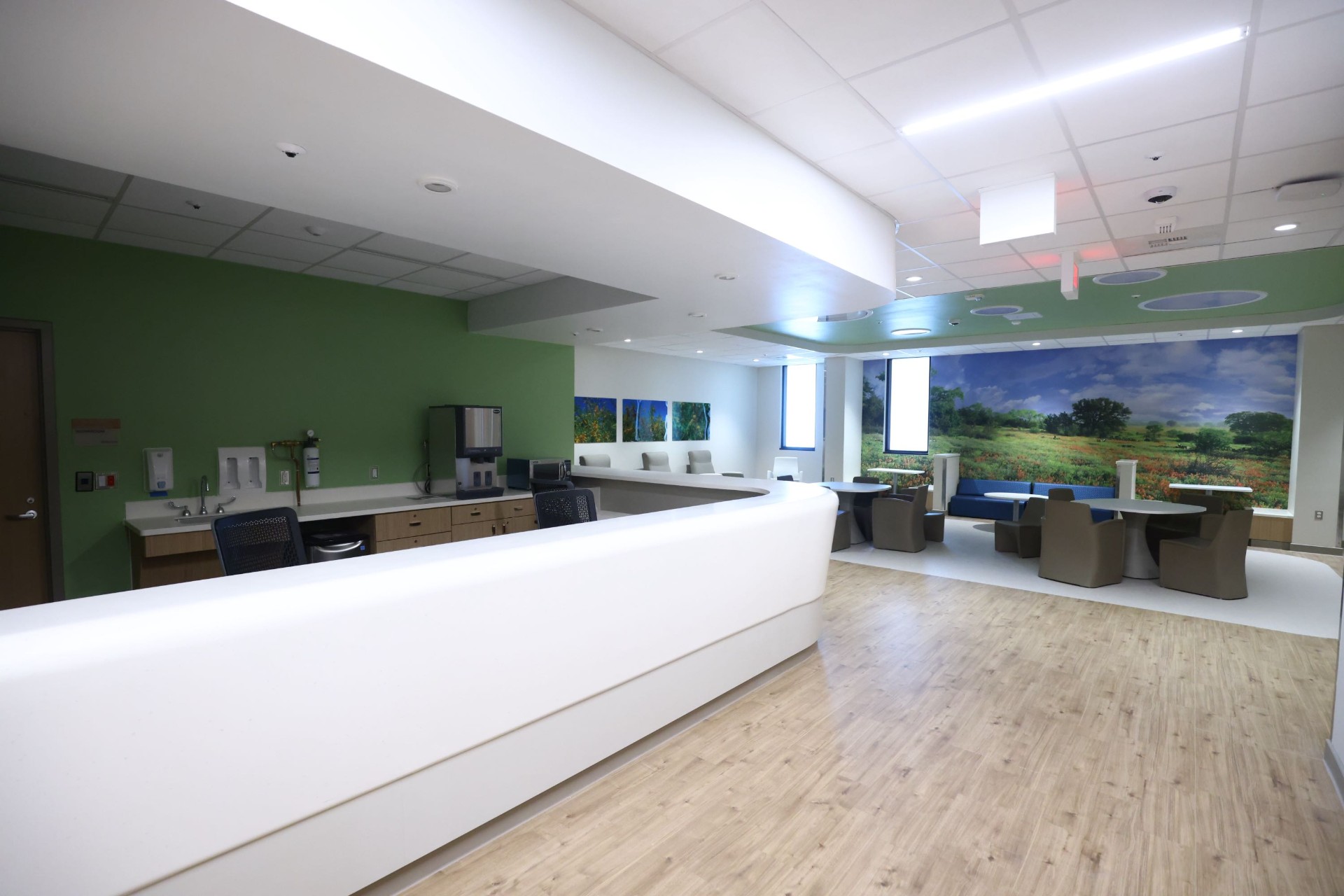 Outpatient lounge with natural light and Texas landscape mural